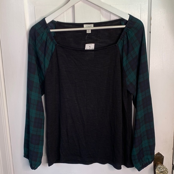 J. Crew Women’s Black Square-neck top with plaid sleeves New with Tag Sz S - Picture 2 of 10